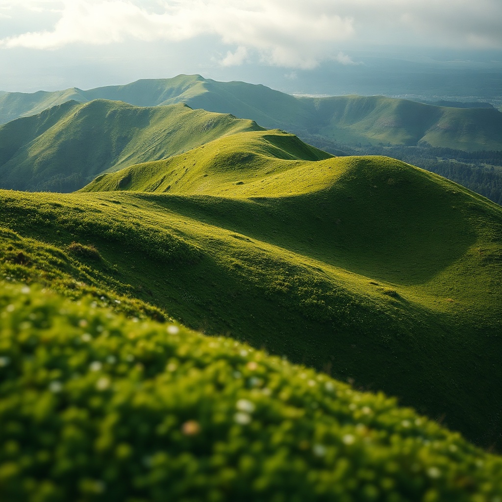 Cinematic wide shot of lush green rolling hills covered in moss and tiny flowers, soft natural light