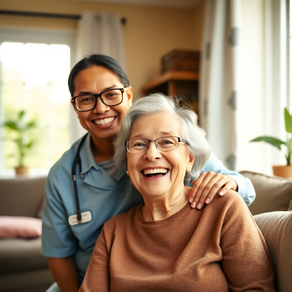 Senior smiling with a friendly professional caregiver in a warm home setting