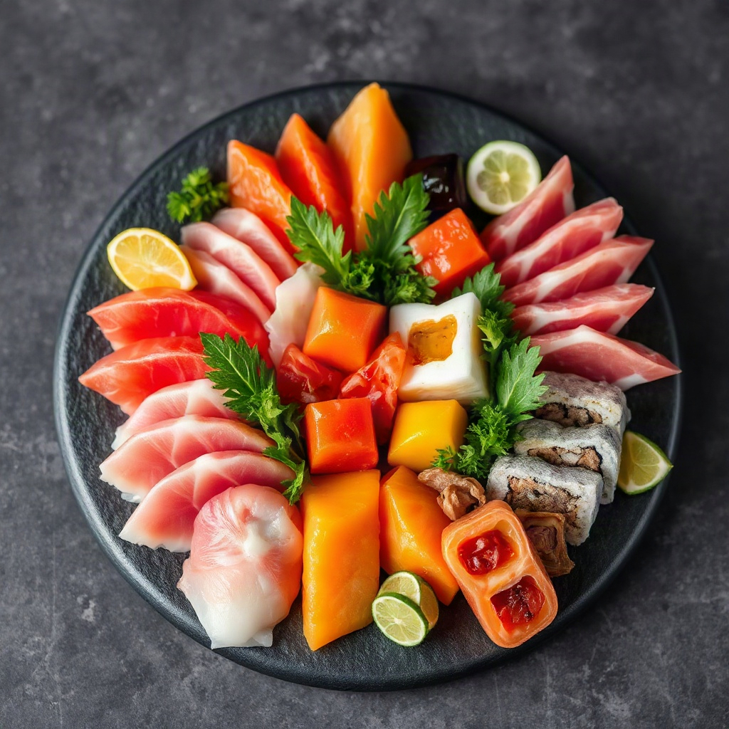 fresh assorted sashimi platter on dark stone plate, vibrant colors, professional food photography