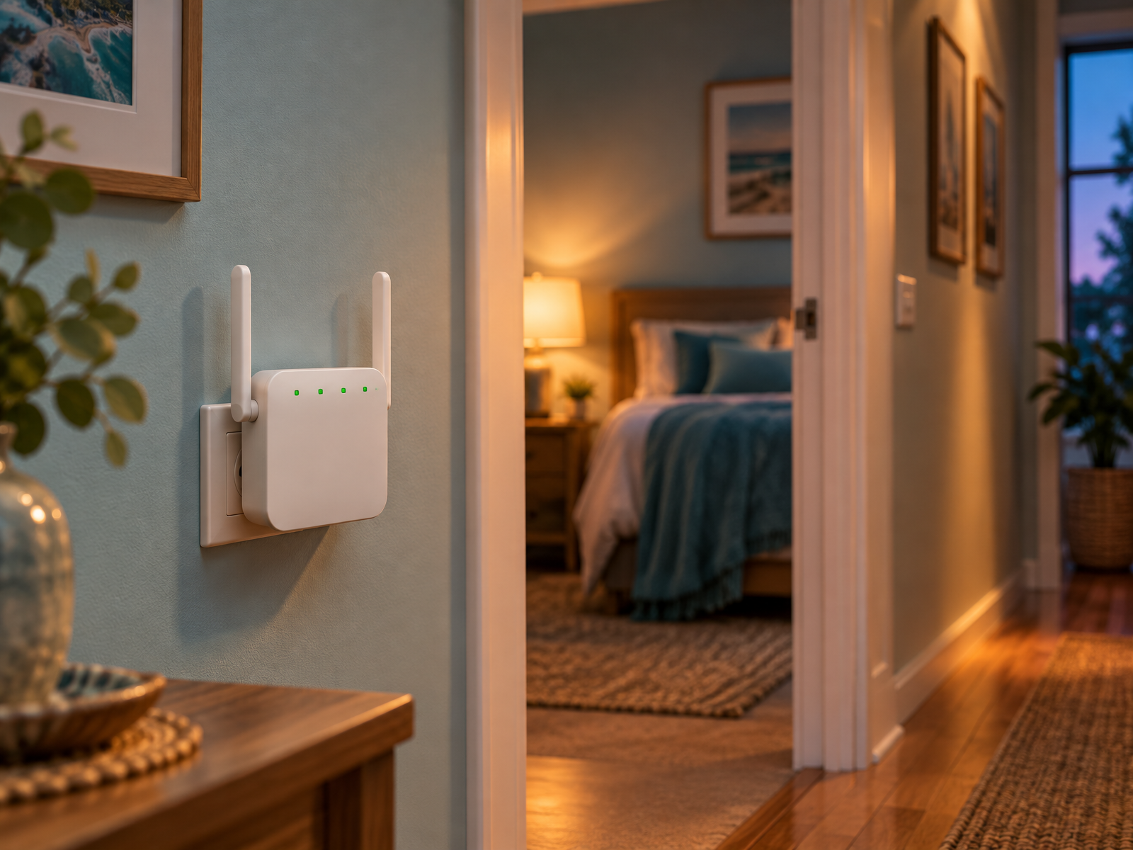 NetBoost Pro plugged into a wall outlet in a softly lit home hallway