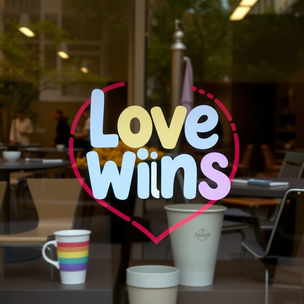 coffee shop window art Love Wins LGBTQ rainbow colors text, storefront community message
