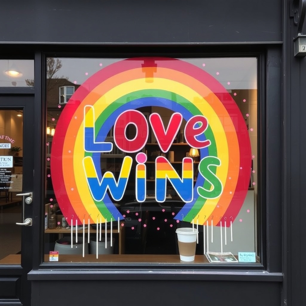 coffee shop window art Love Wins rainbow LGBTQ pride celebration storefront painted