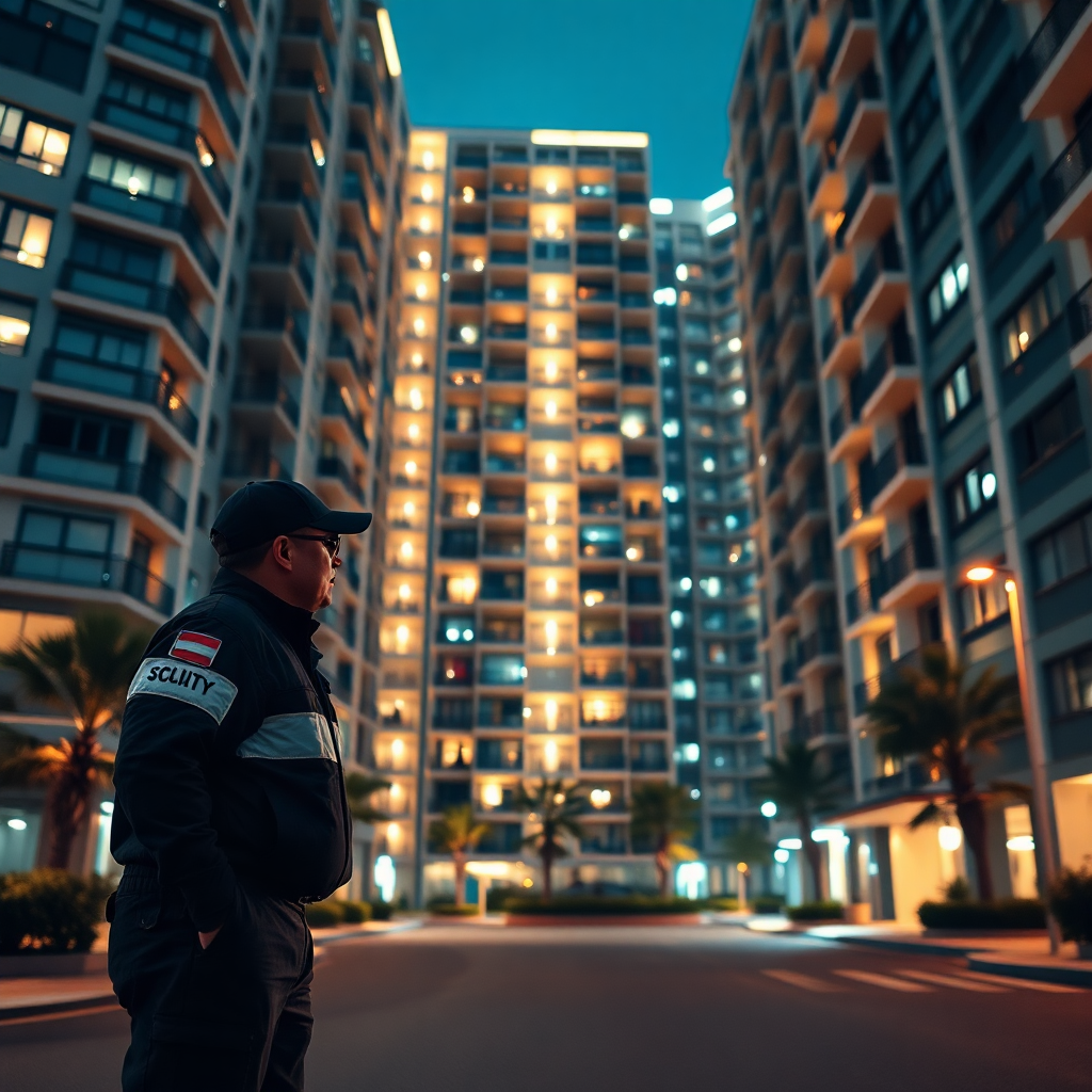 security officer doing night patrol around modern illuminated apartment building complex, cinematic 