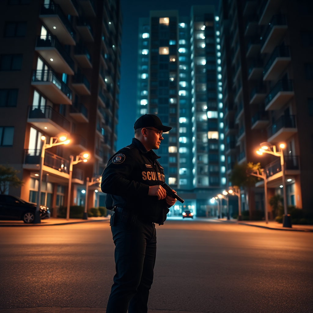 security officer doing night patrol around modern apartment complex building, cinematic night photog