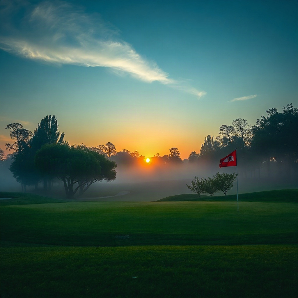 cinematic shot of a lush green golf course at sunrise, soft mist, high-end photography