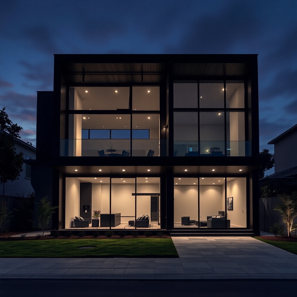 luxury modern residential home exterior at dusk, expansive floor-to-ceiling premium glass window installation