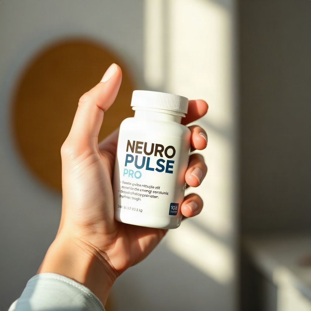 A hand holding a white Neuro Pulse Pro supplement bottle to show its size and scale, soft natural li