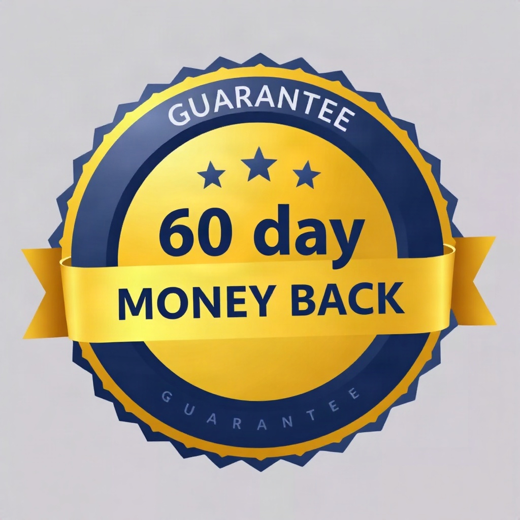 gold and navy blue circular guarantee seal badge graphic, '60 day money back guarantee' emblem, ribb