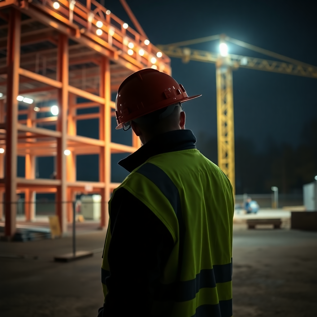 security guard watching construction site at night, Liberec Czech Republic, dramatic lighting