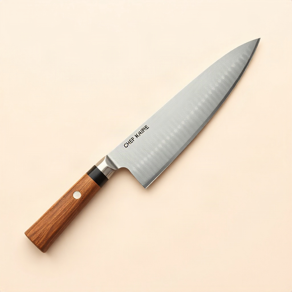 Photograph of a walnut wood handled knife on a light studio background