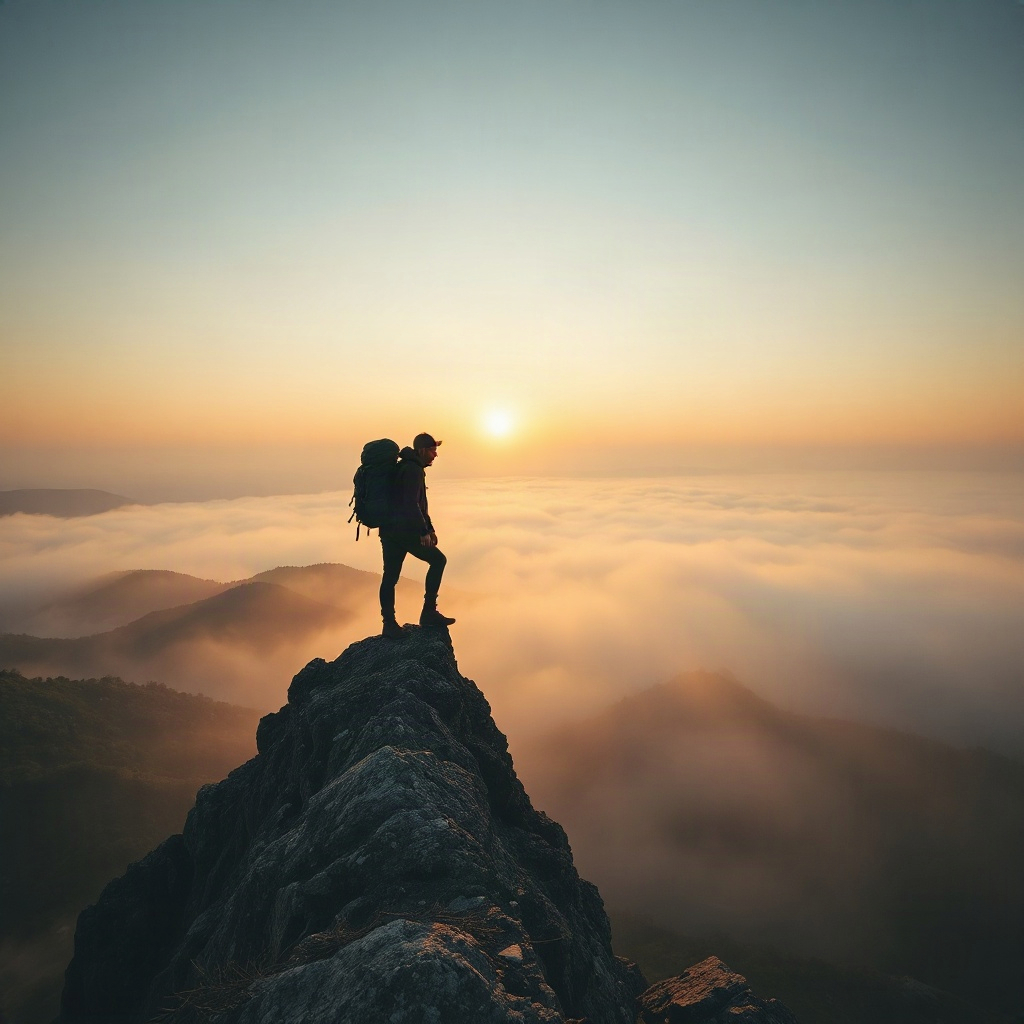 dramatic vertical shot of a lone hiker with a professional backpack standing on a sharp rocky ridge