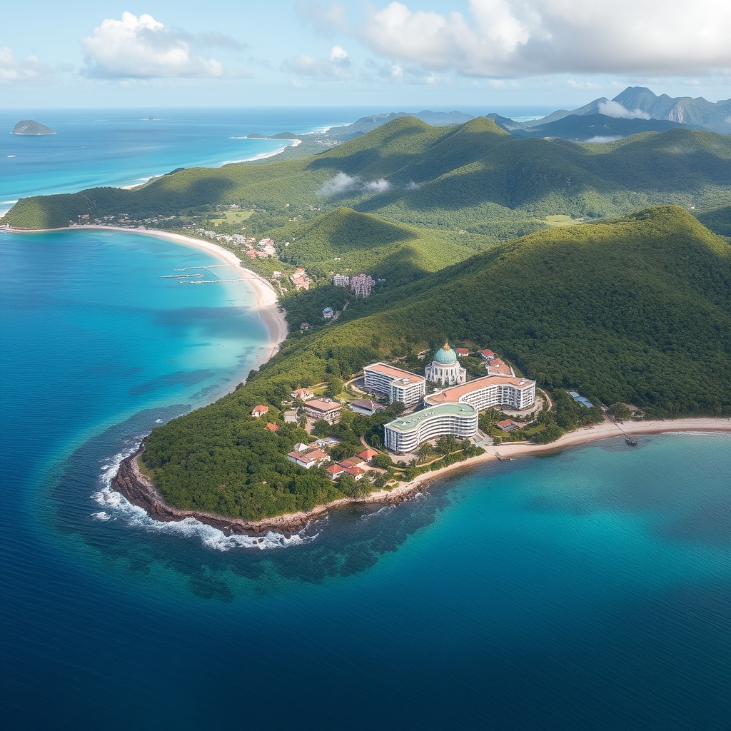 aerial view of a lush green Caribbean island coastline with a modern university campus nestled among trees