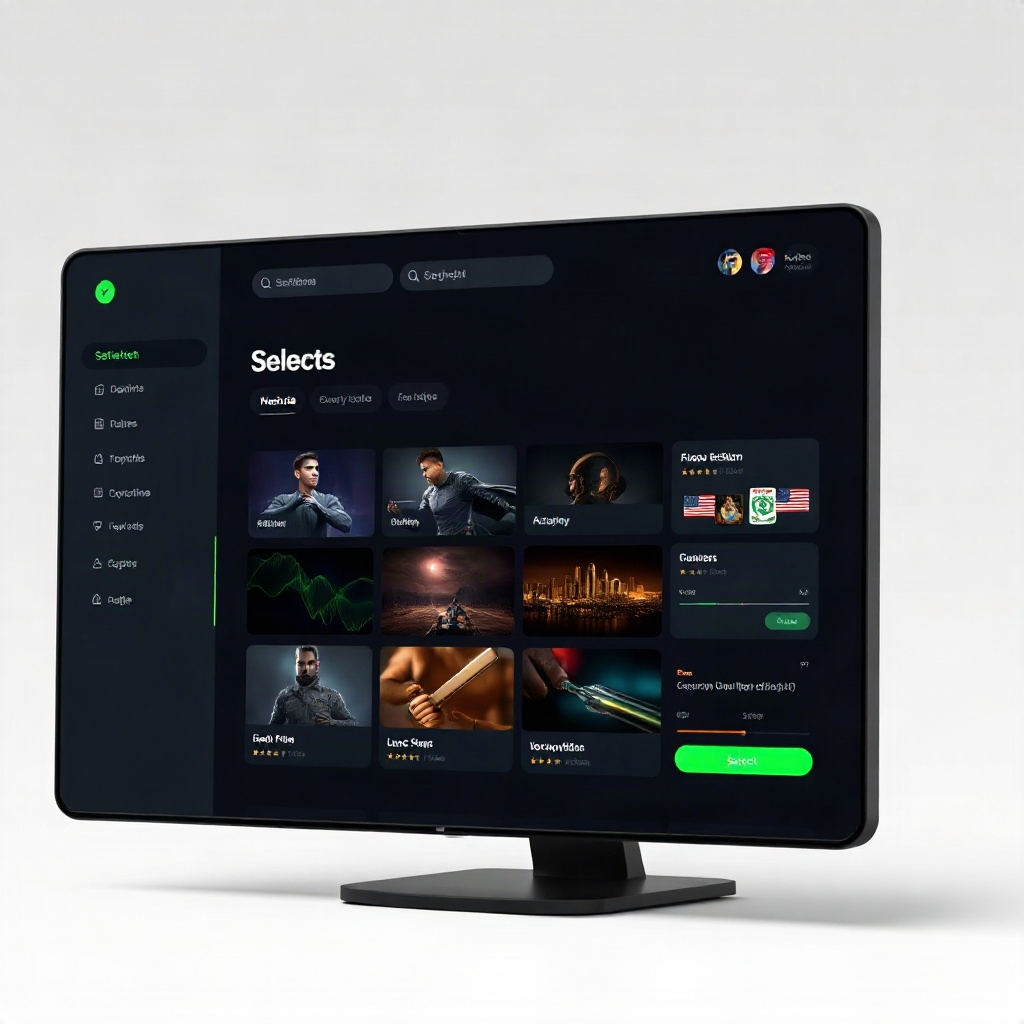 selection screen of landing page templates on a dark UI, green highlights, sleek modern design, cine