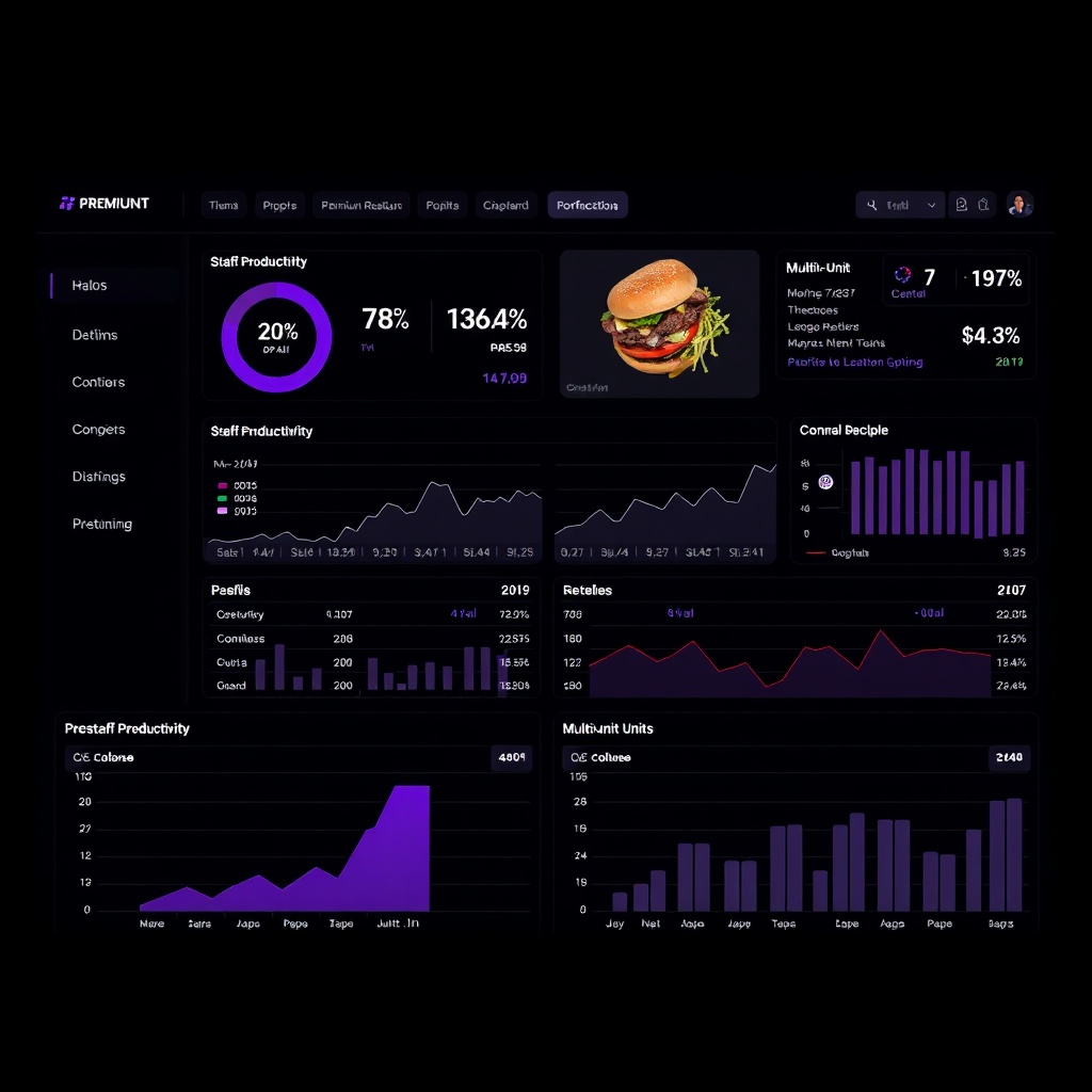 Cinematic dashboard interface of a premium restaurant ERP showing P&L, staff productivity and multi-