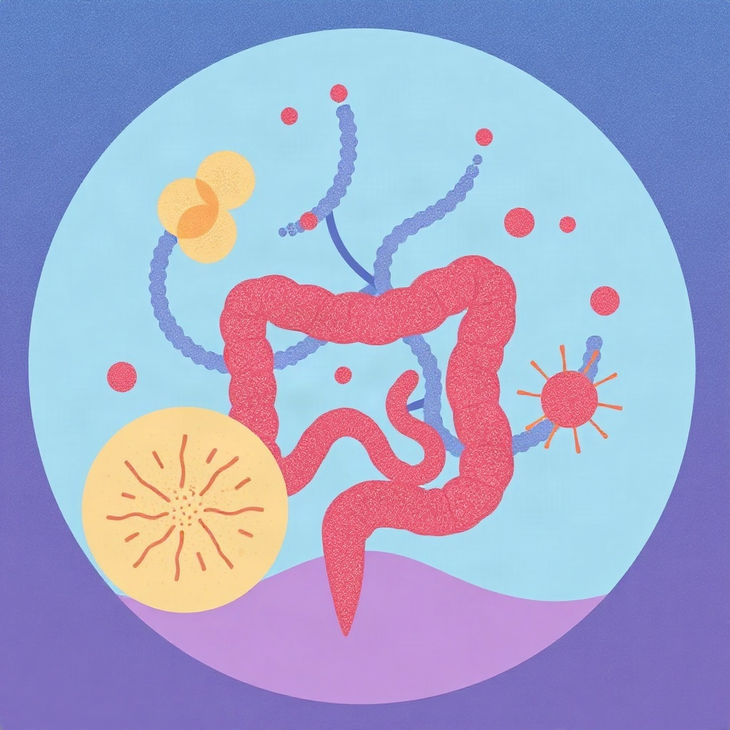 friendly scientific illustration showing gut bacteria being nourished and balanced by prebiotic fibe