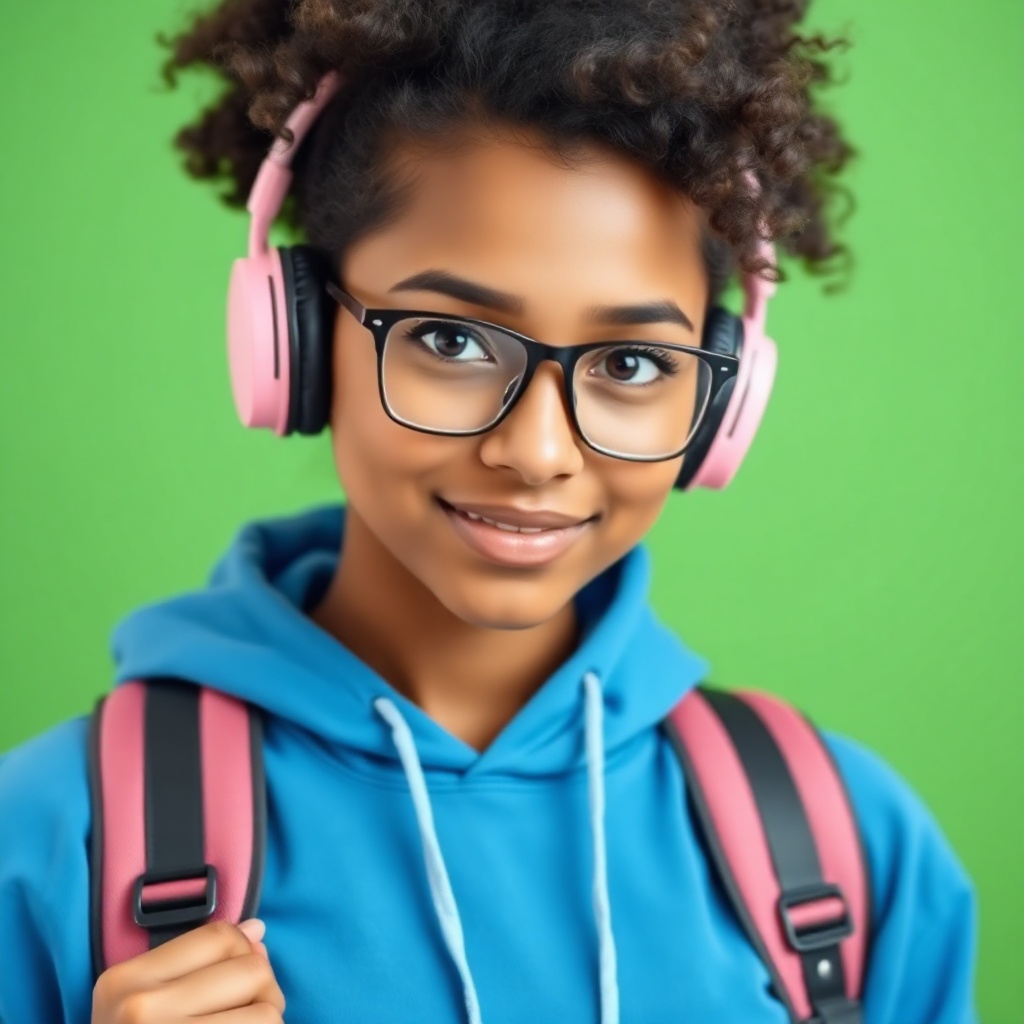 modern female student with headphones and blue hoodie looking at camera, holding straps of her backp