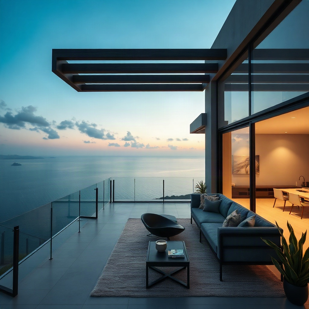 expansive modern balcony overlooking the ocean at dusk, minimal furniture, luxury villa