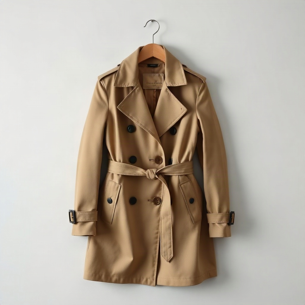 high-end fashion trench coat flatlay composition, clean minimalist studio style