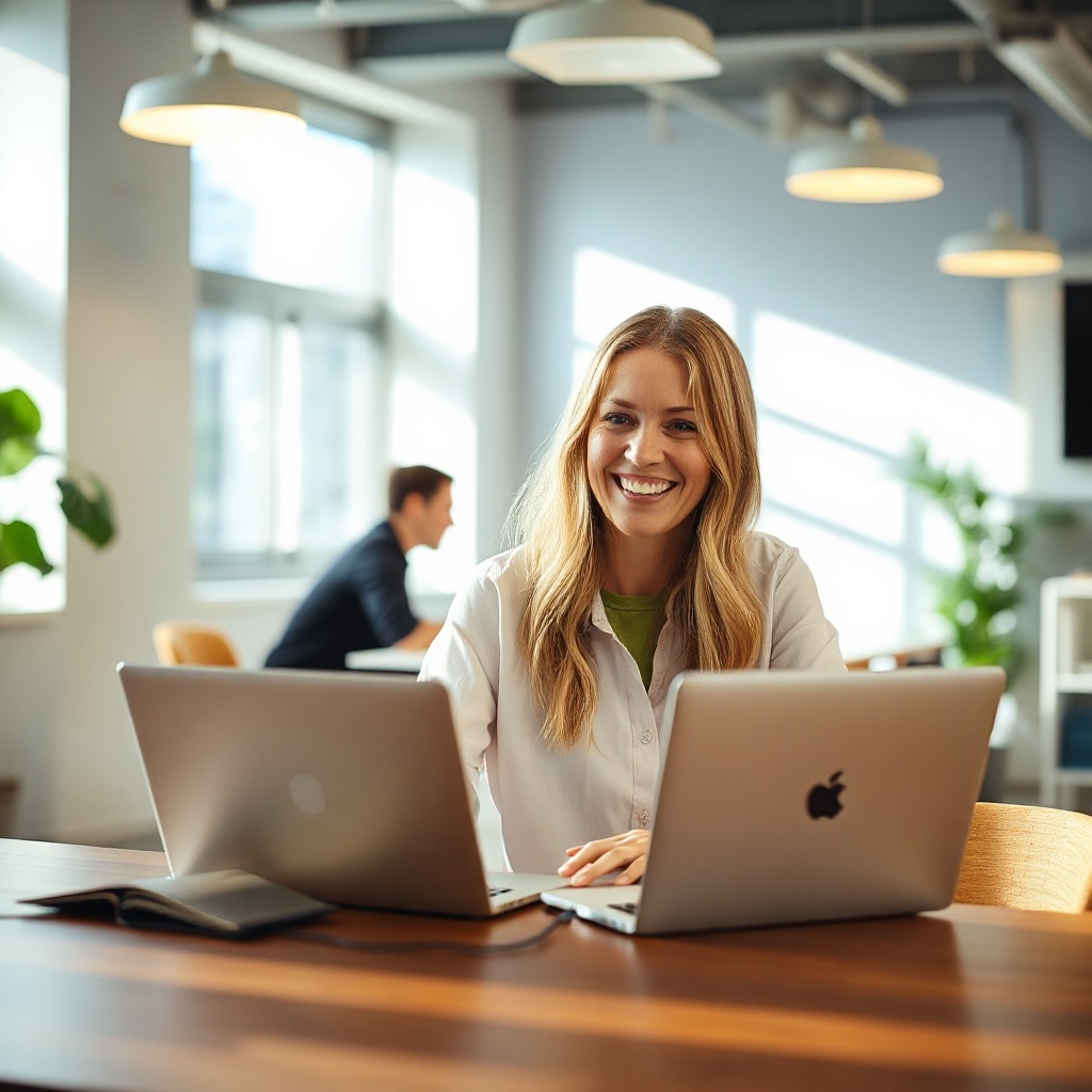 professional woman property manager working on a laptop in a bright modern co-working space, smiling
