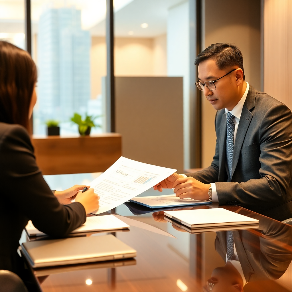 Hong Kong business consultant reviewing documents and business plan with client at a modern office d