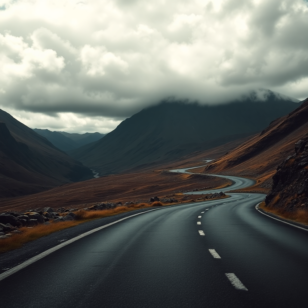 Scottish Highlands Glen Coe dramatic mountain road moody storm clouds rugged landscape winding road,