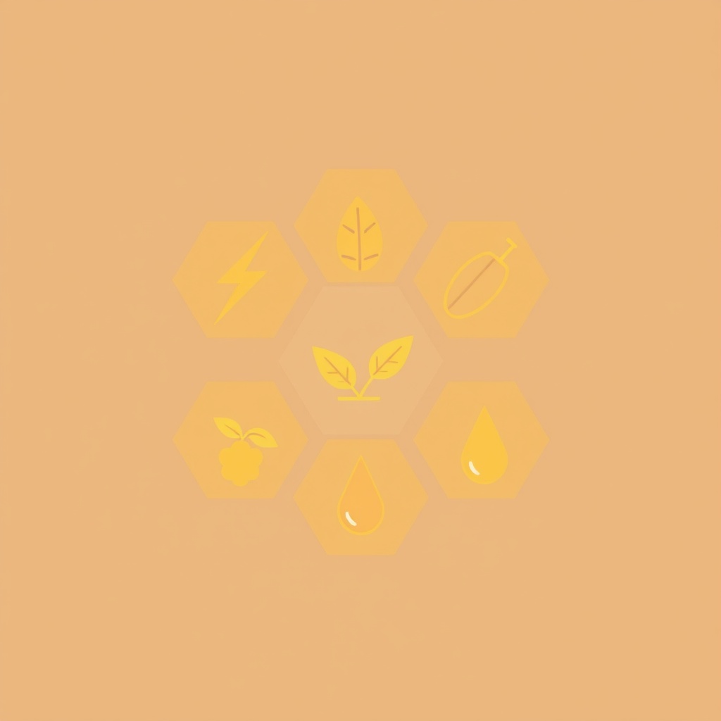 minimalist icon-style illustration of seven botanical and supplement ingredient icons arranged in a 