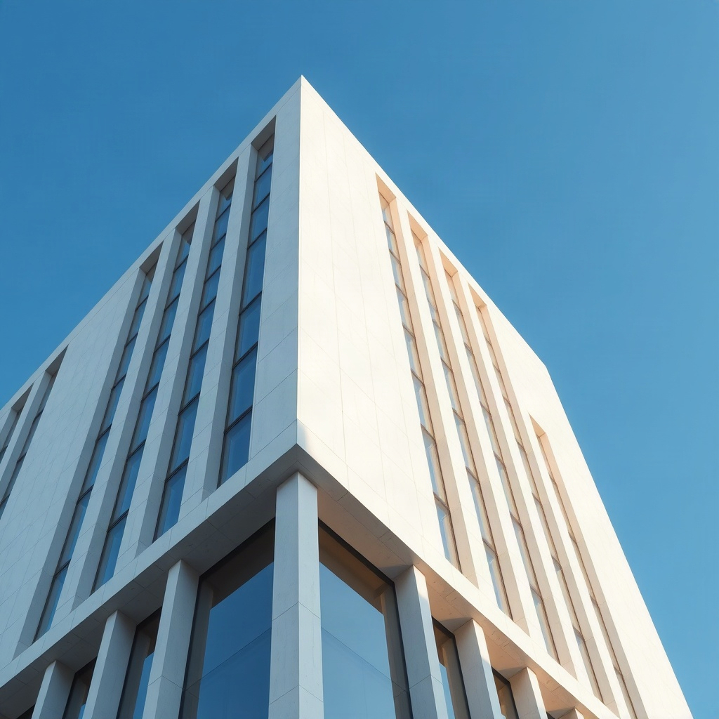 minimalist architectural detail of a luxury modern building against a clear blue sky, high-end edito