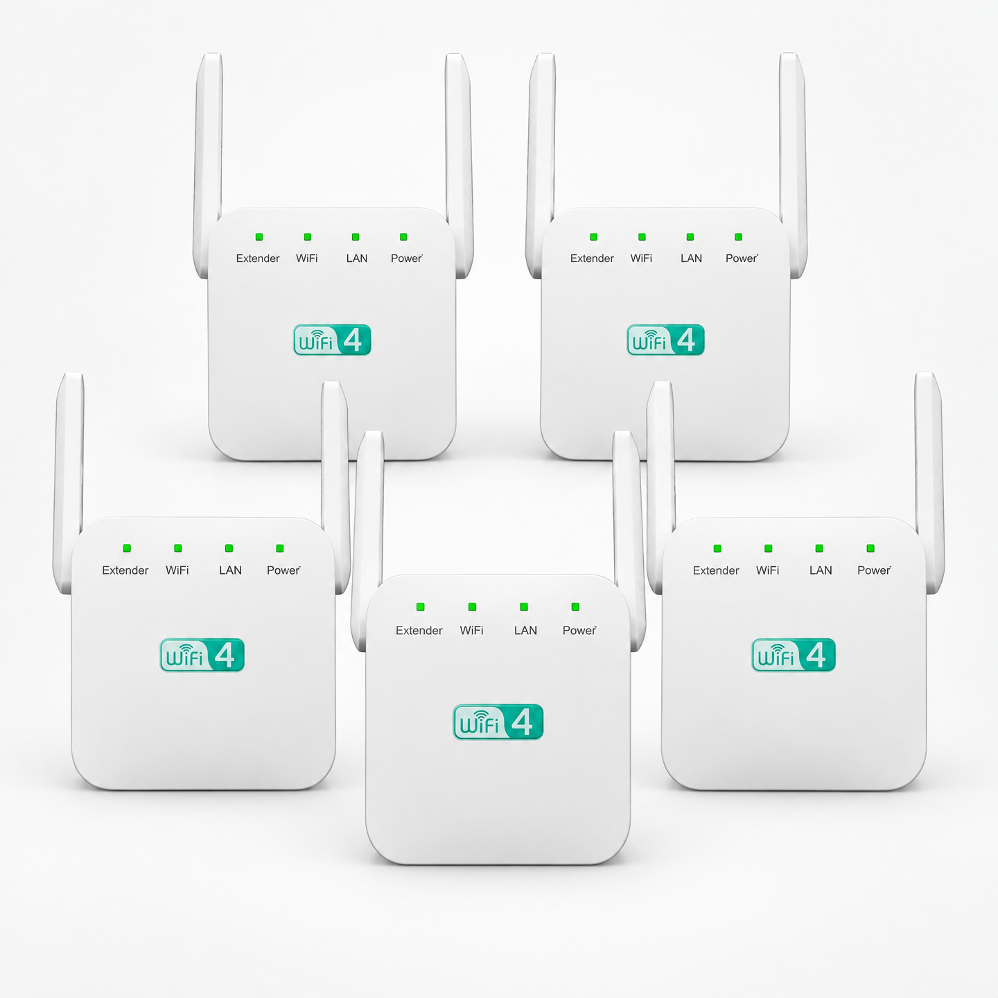 Five NetBoost Pro WiFi extenders arranged together