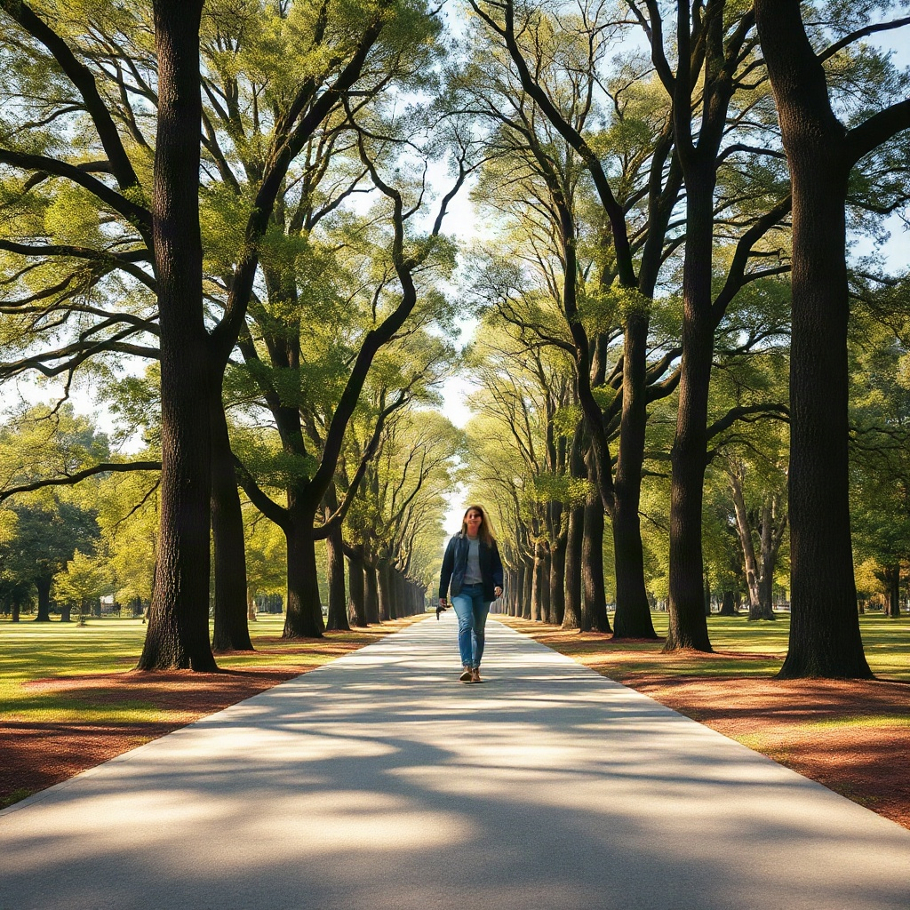 Person walking peacefully through a sunlit park with tall trees, relaxed posture, natural daylight,