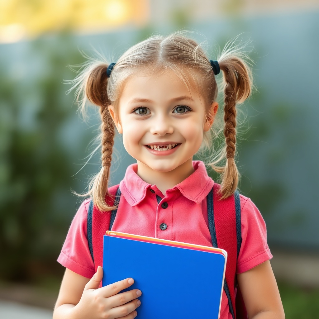 portrait of a young primary school girl with pig tails, holding a blue notebook, smiling, outdoors b