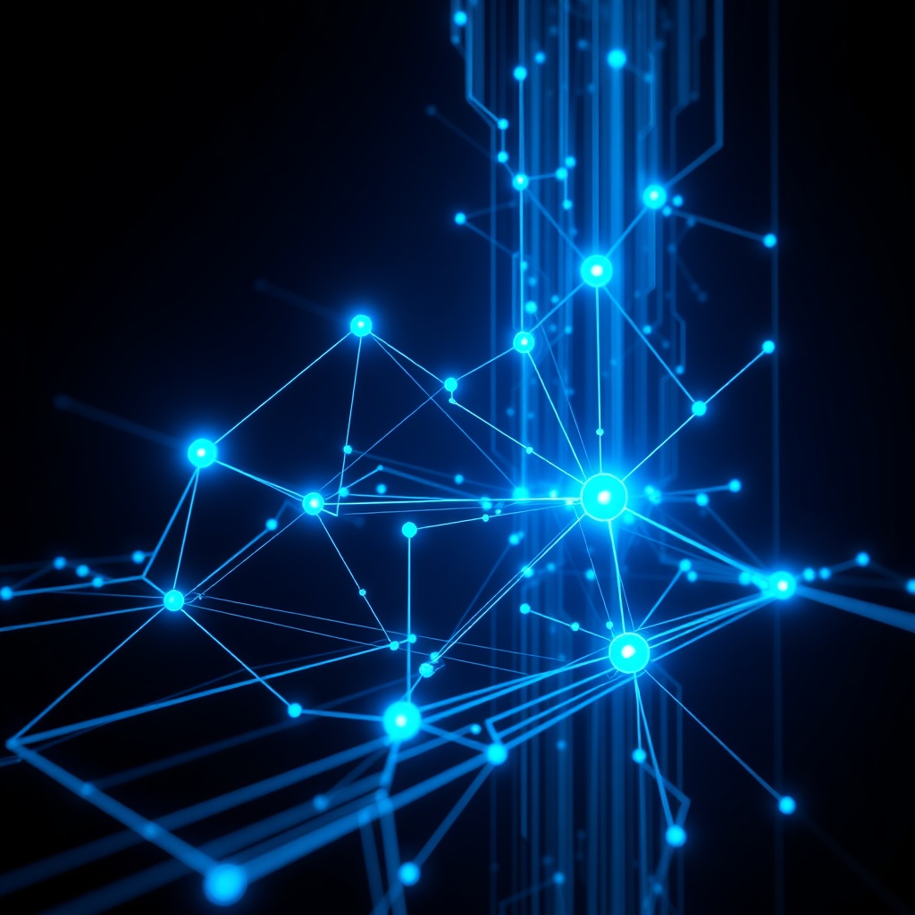 futuristic enterprise software architecture visualization, glowing blue cyan network nodes and depen