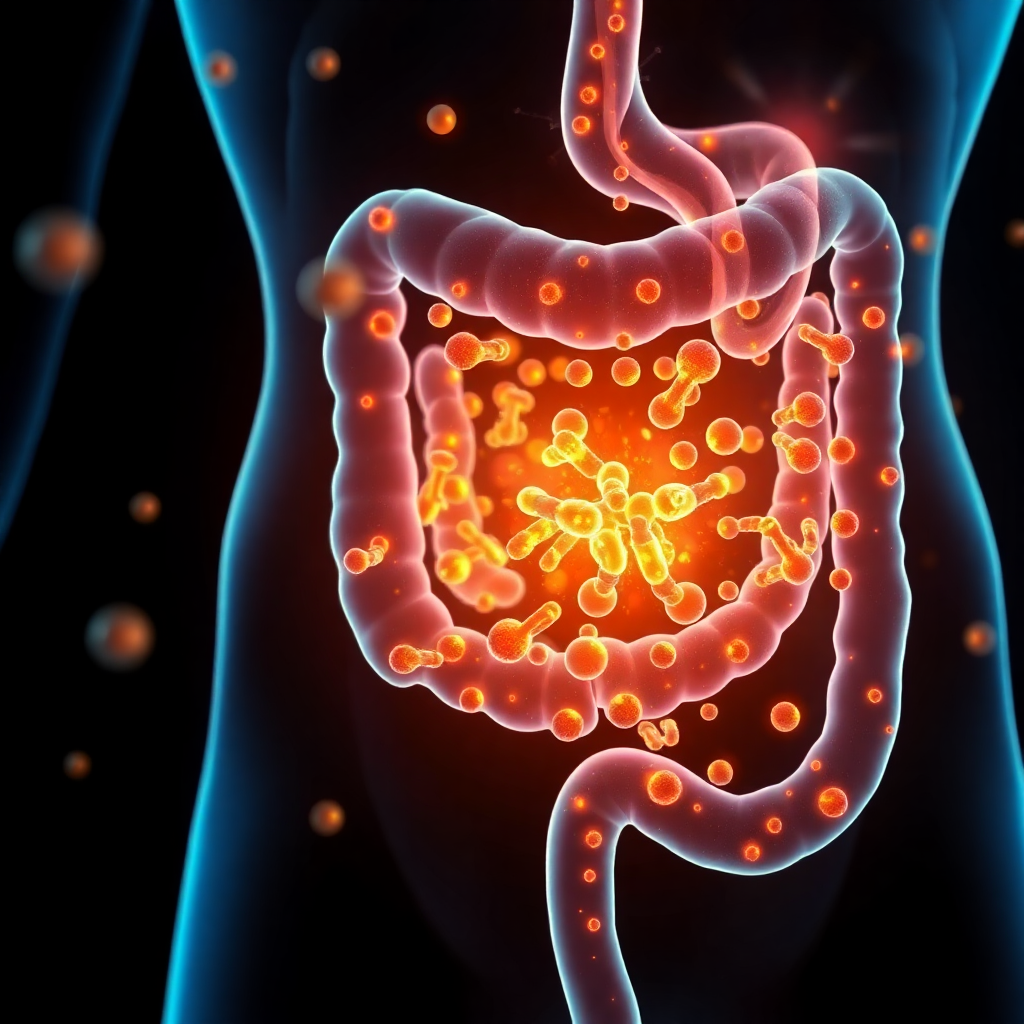 clinical close-up of a human gut microbiome illustration with glowing beneficial bacteria and gold p