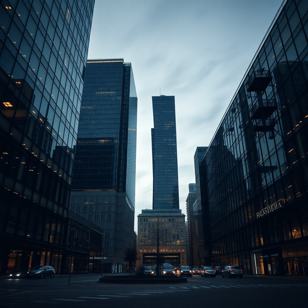 modern Warsaw financial district at dusk, glass buildings, dark moody atmosphere, editorial architec