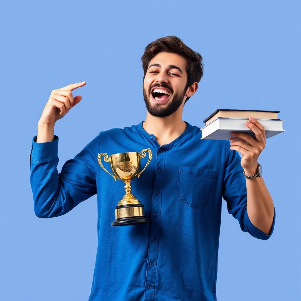 excited male student holding a trophy and books, blue background, minimalist photography
