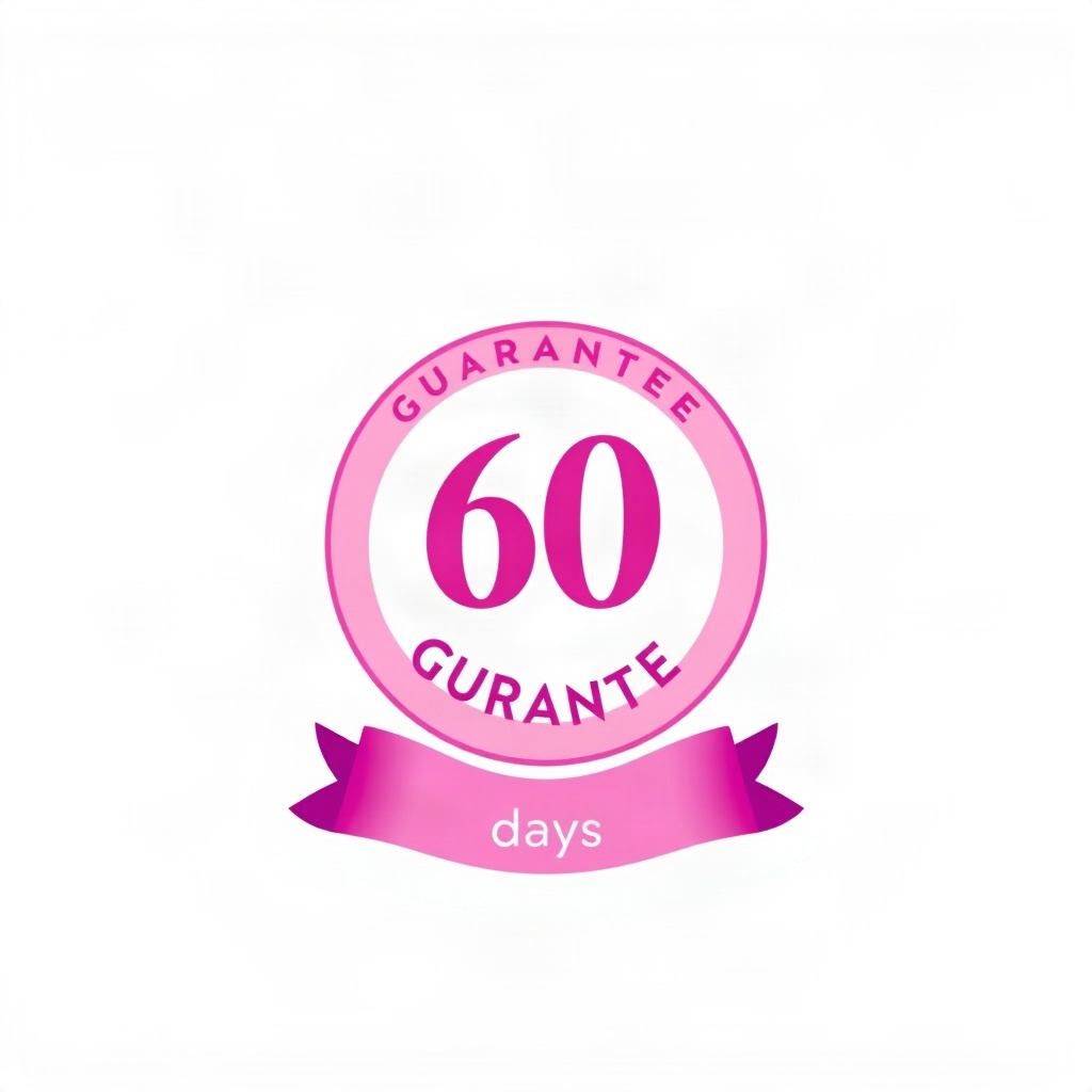 Elegant circular guarantee seal badge graphic, pink and purple colors, text-free ribbon seal design,
