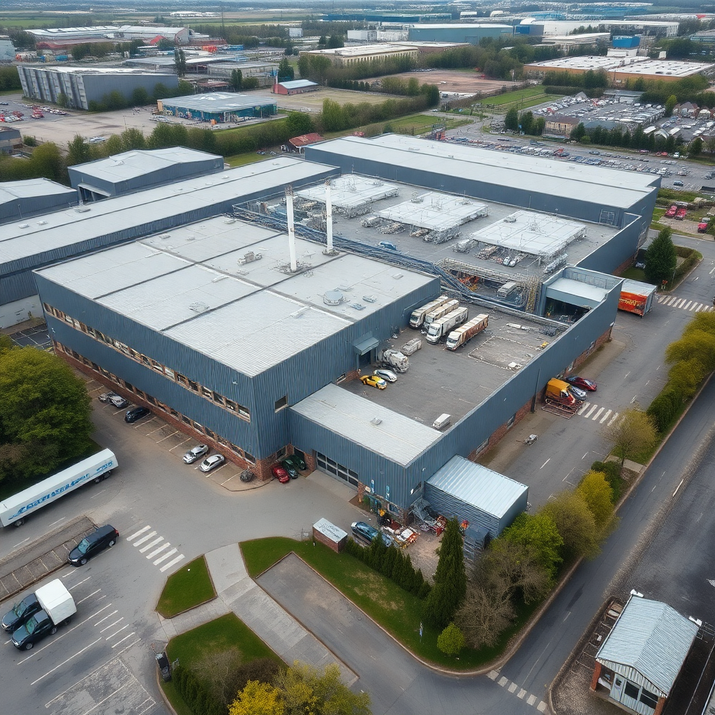 European manufacturing factory exterior aerial view, industrial building, modern facility, documenta