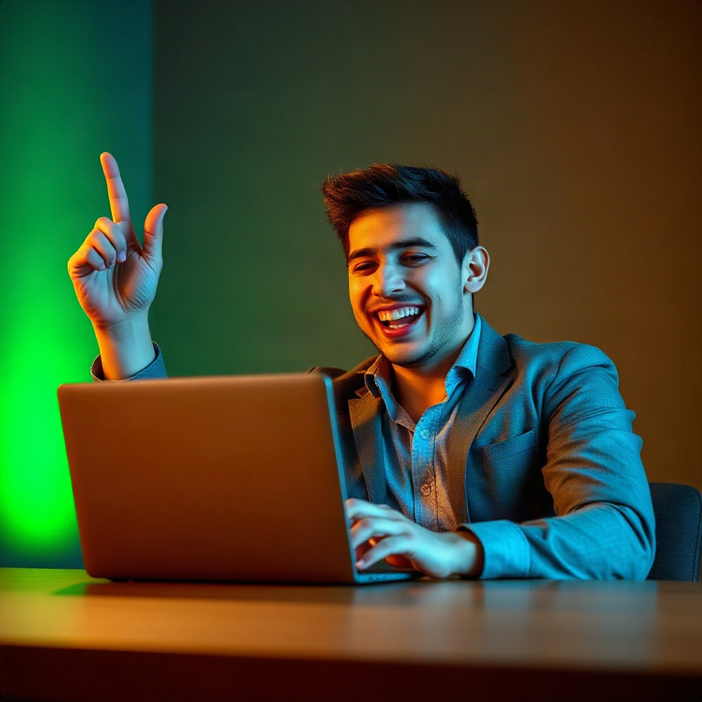happy entrepreneur celebrating a fast converting landing page on laptop, warm green accent lighting,