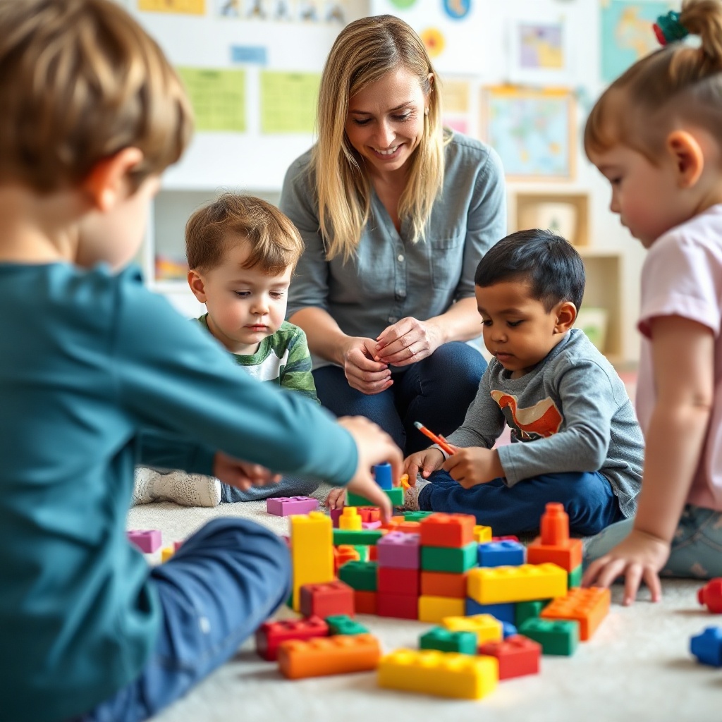 preschool kids playing with colorful building blocks in a classroom, teacher supervising