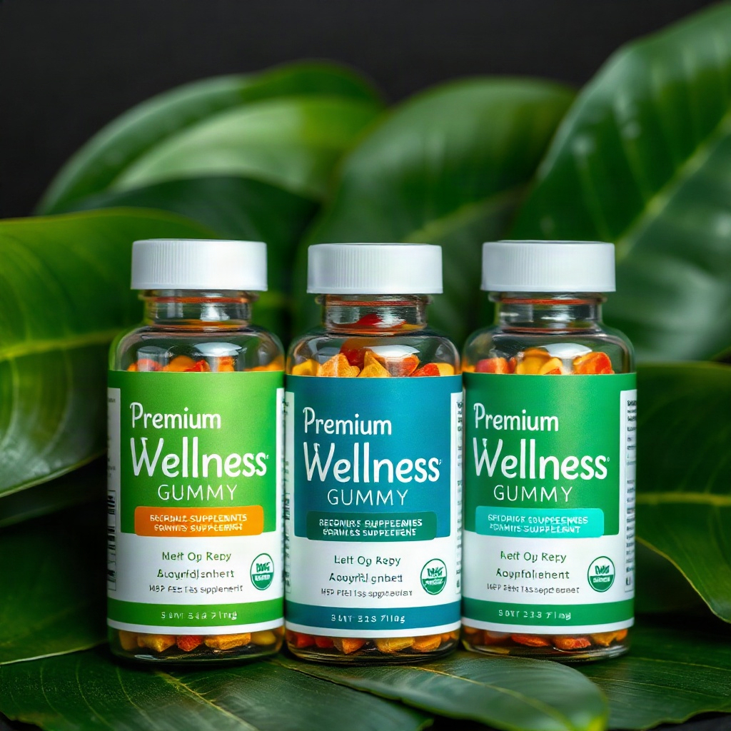 three bottles of premium wellness gummy supplement arranged neatly with soft green leaves, warm invi