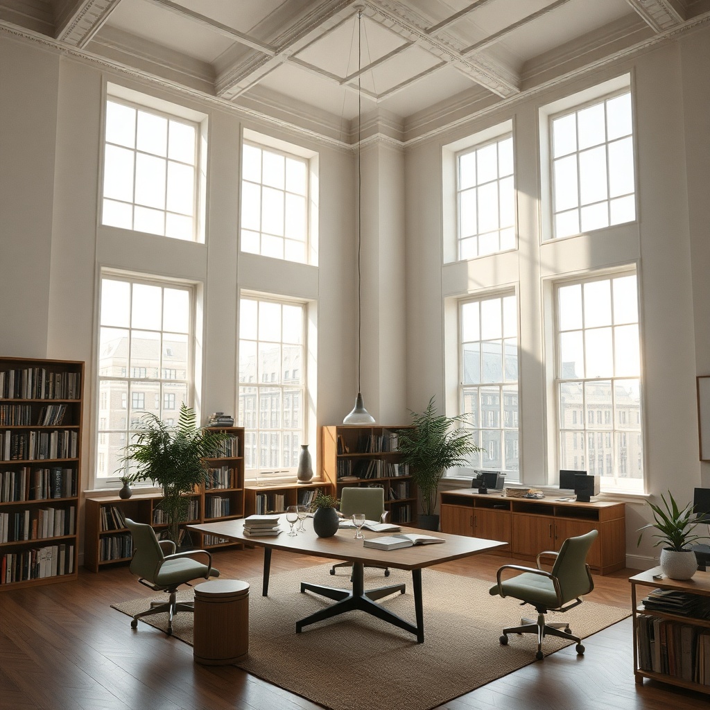 wide cinematic shot of a modern minimalist office in a historic building, large windows, books on sh