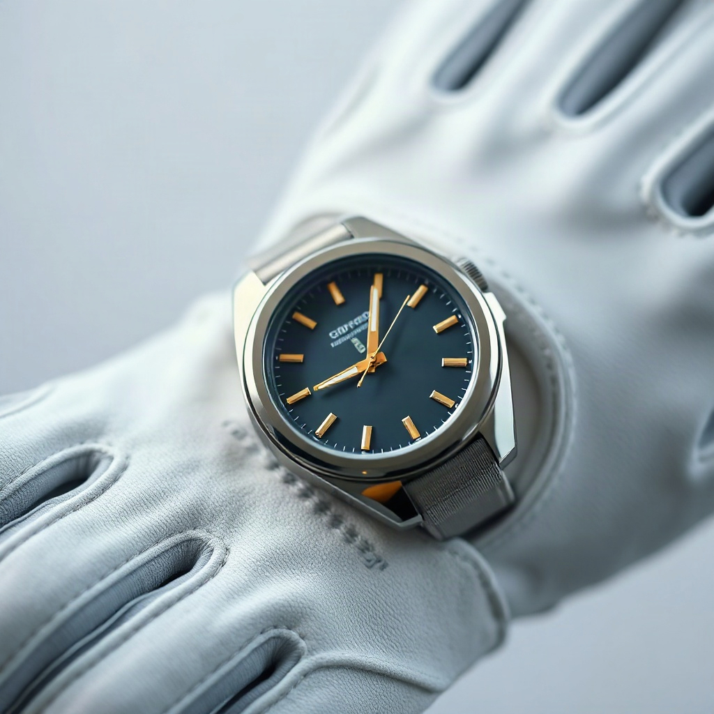 close up of a luxury watch and a golf glove