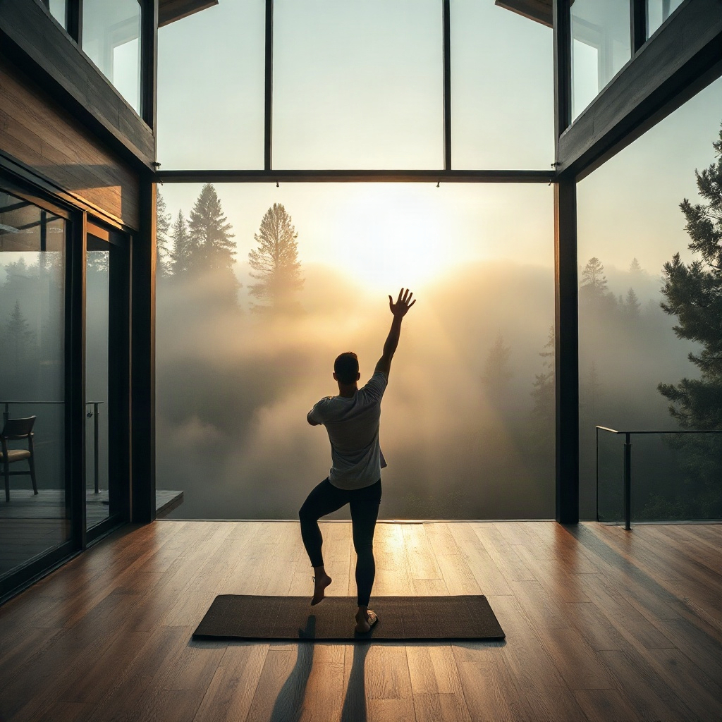 cinematic shot of man doing morning stretches in modern architectural home, forest view, morning mis
