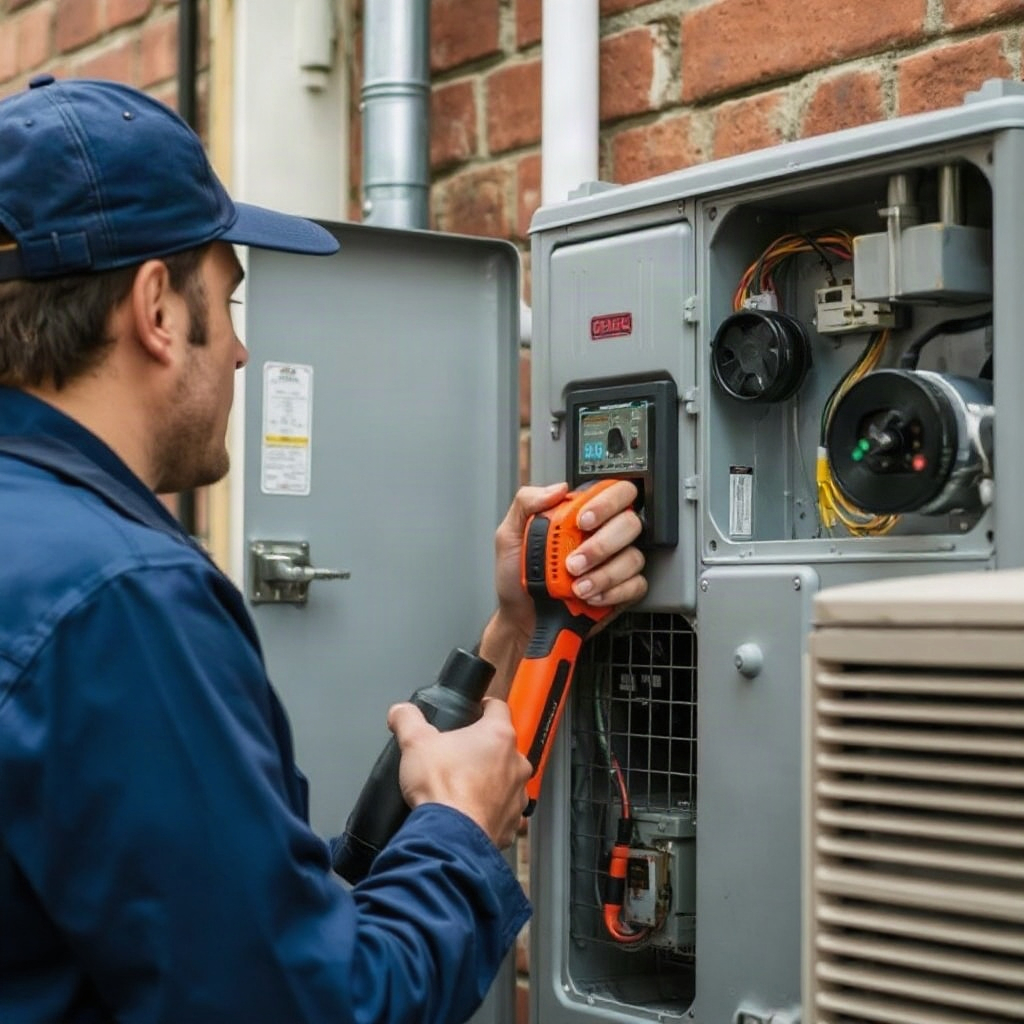 technician inspecting electrical box or AC unit with tools