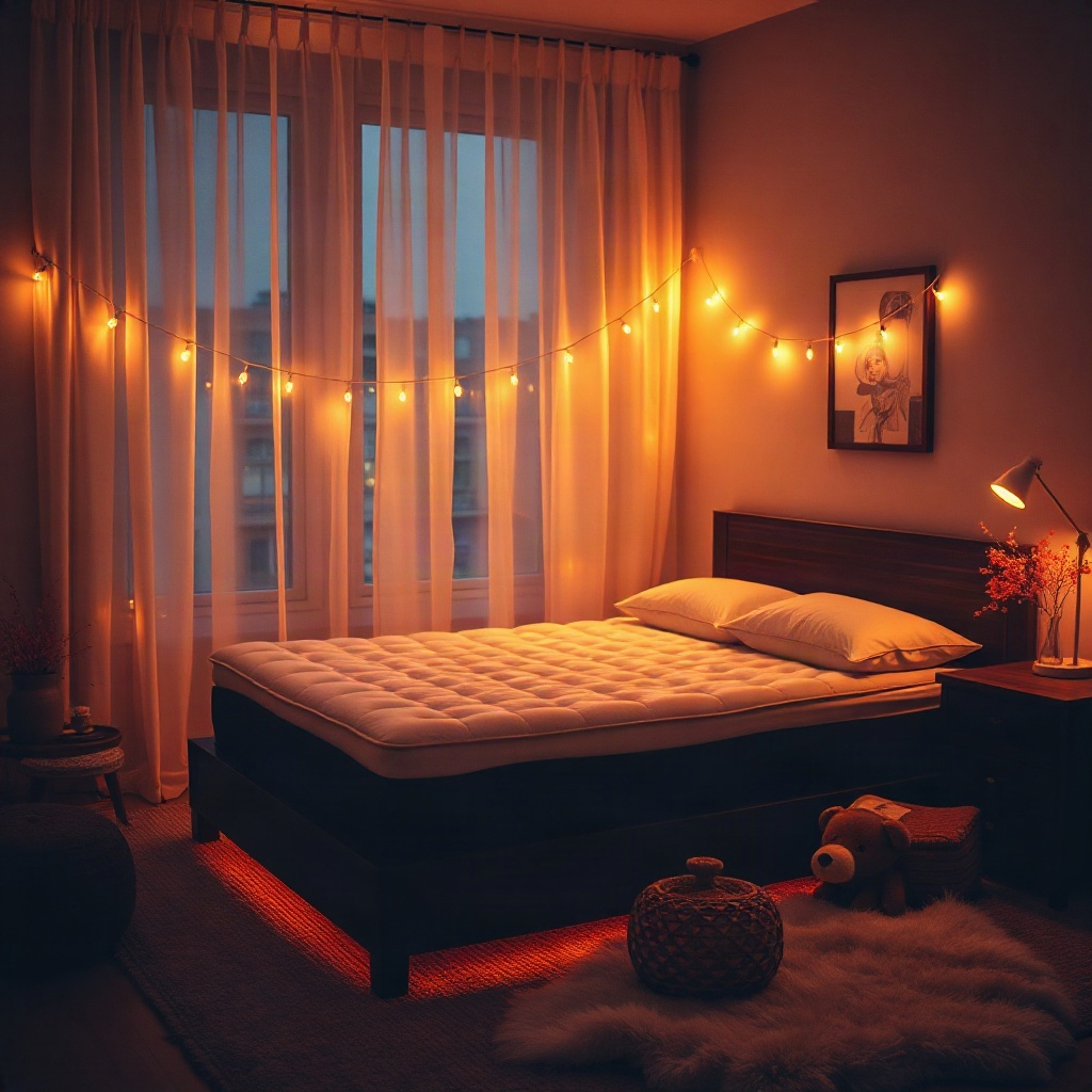 cozy warm bedroom at night with soft amber ambient lighting, heated wellness mattress on bed