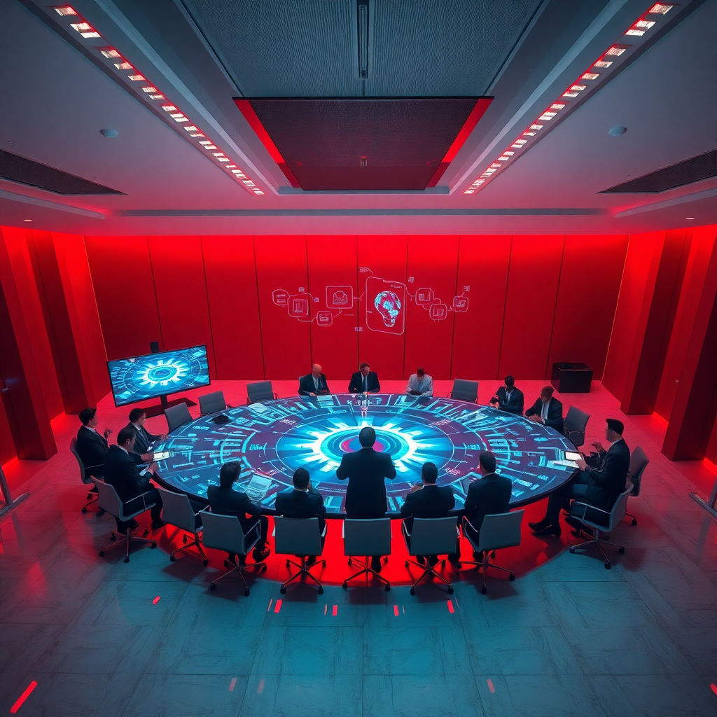 cinematic aerial view of a modern enterprise boardroom with professionals gathered around a glowing 