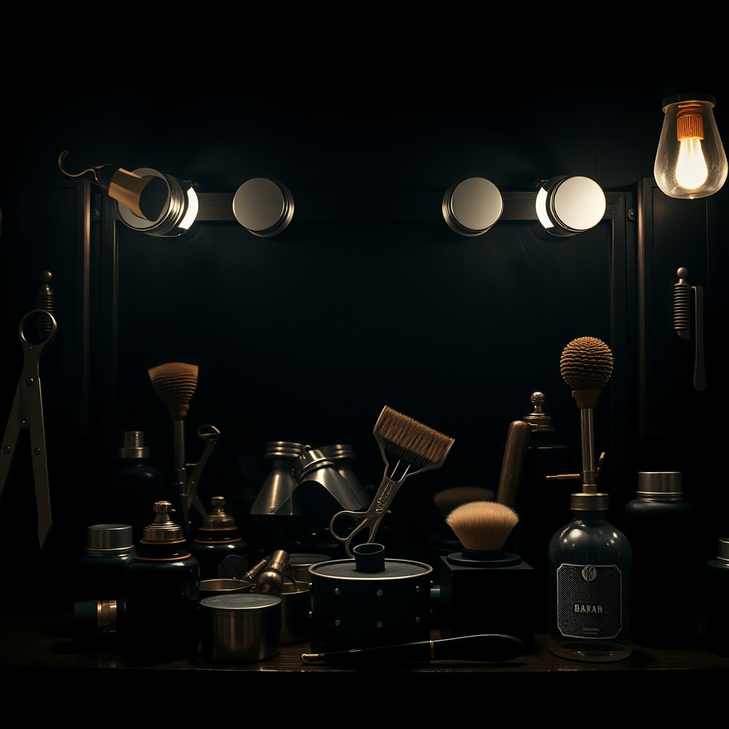 vintage moody barbershop background with grooming tools, dark and elegant, premium feel, deep blacks