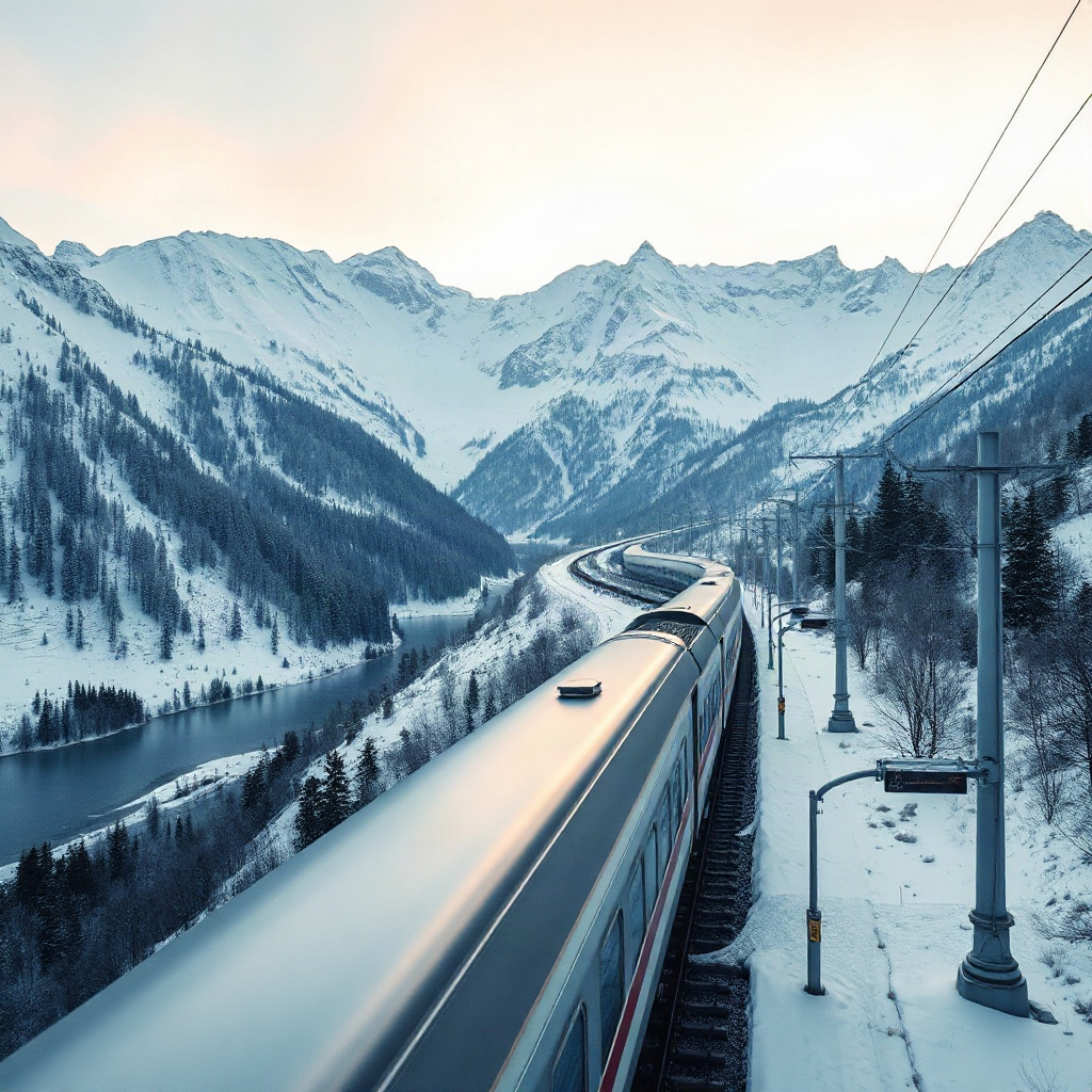High-speed train crossing a snowy mountain landscape
