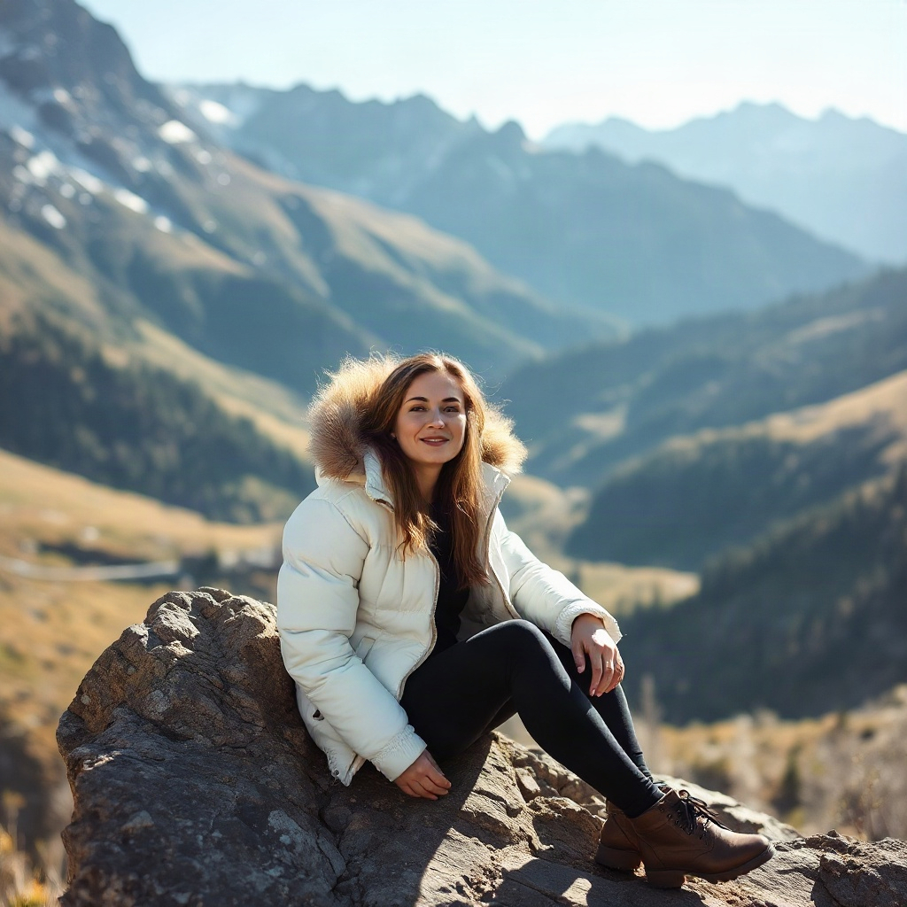 woman in white puffer jacket sitting in mountains, sunny day