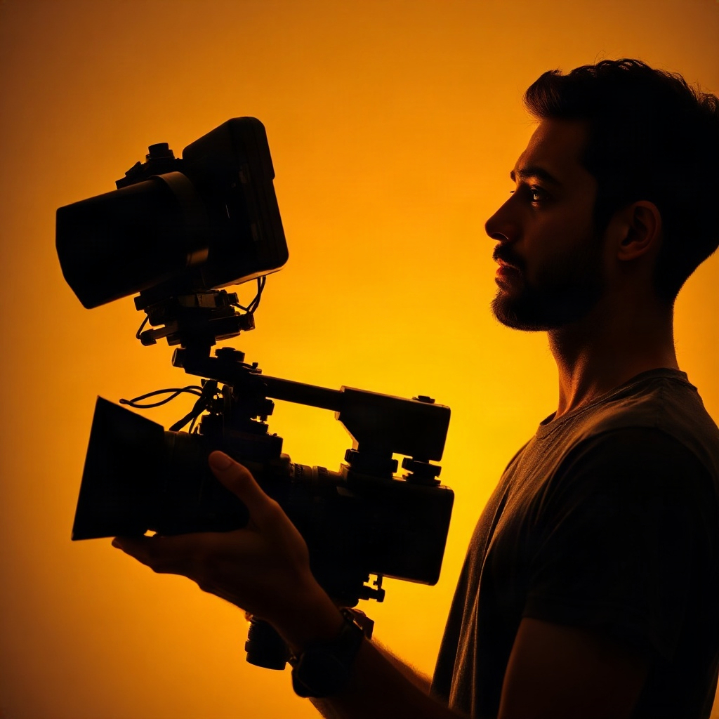 artistic portrait of a male videographer holding a 16mm film camera, profile view, studio lighting, 