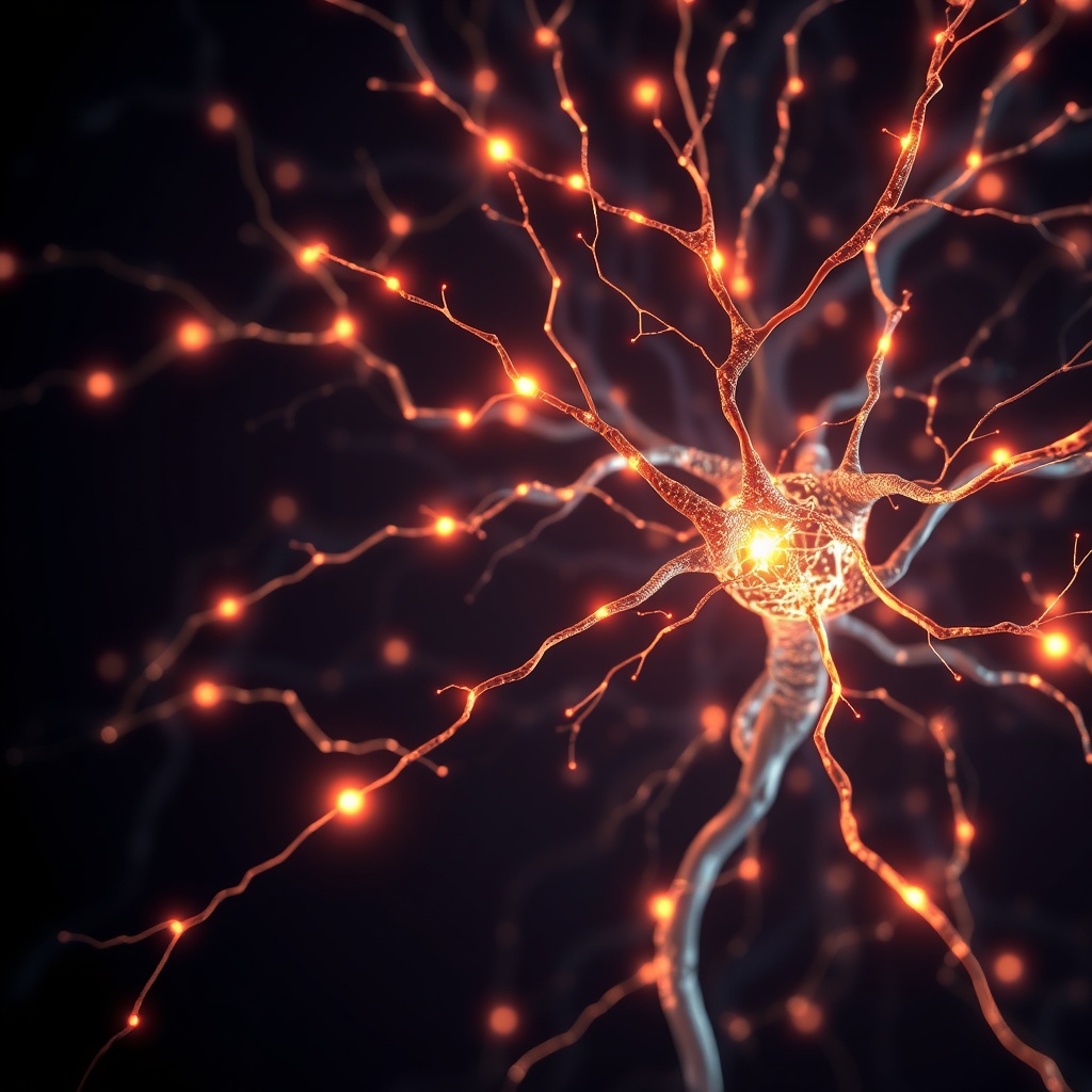 Scientific visualization of a glowing neural network with copper energy flows, dark navy background,